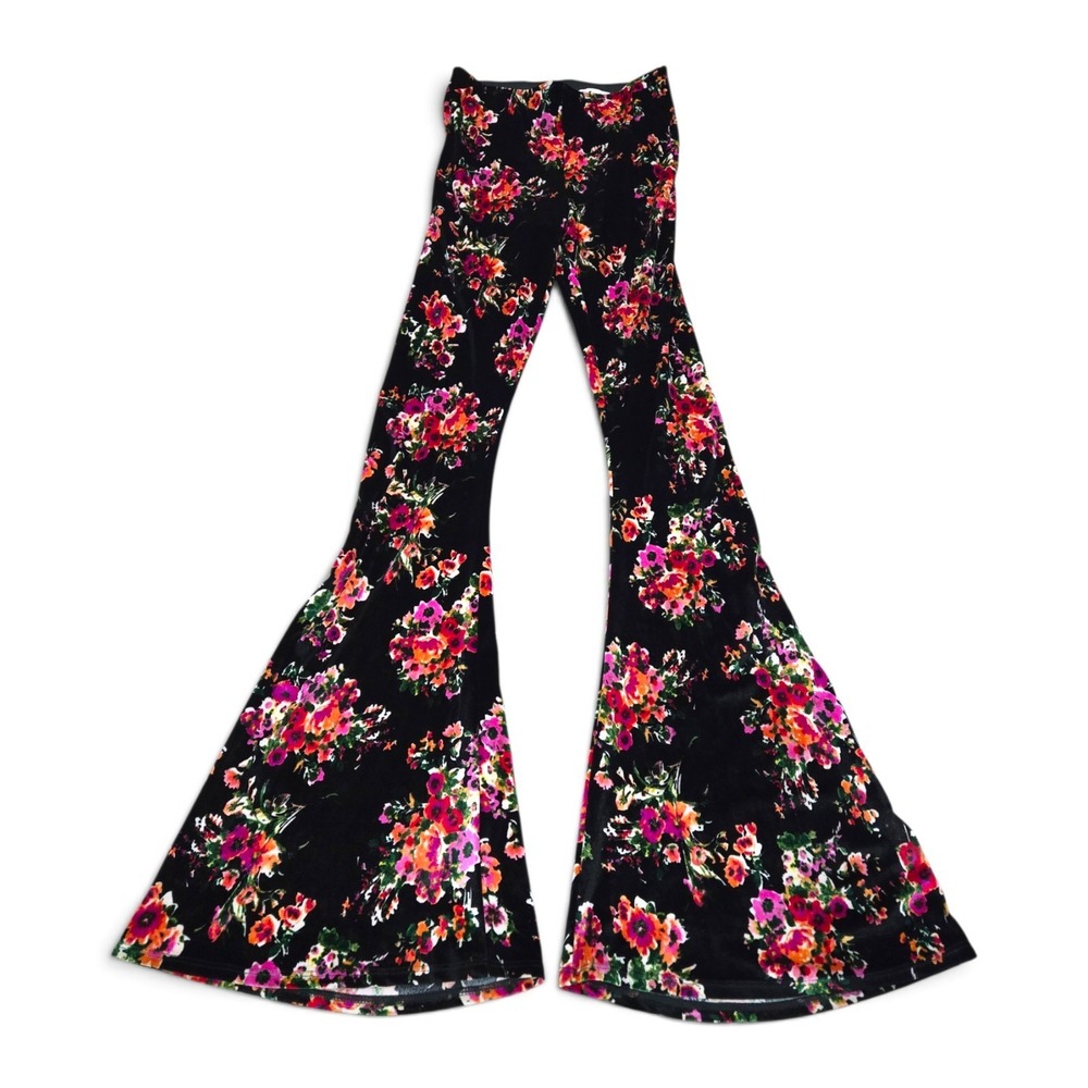 Show Me Your Mumu Bam Bam Bells Floral Velvet Flare Pants Small Black Pink